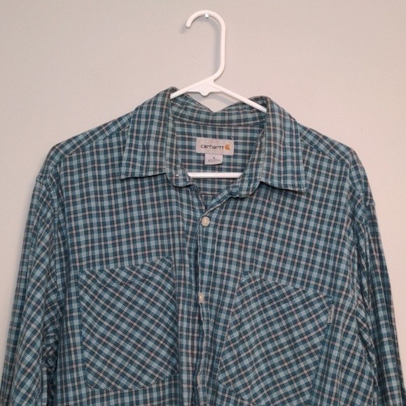 Men's Carhartt Blue Plaid Button Down Collared Long Sleeve Shirt Size Large - Picture 2 of 13